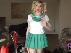 UhEbony presents: Costume babe in a miniskirt fucks a toy outdoors