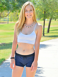 UhEbony presents: Sporty blonde babe Dakota strips her clothes and flaunts her hot body outdoors