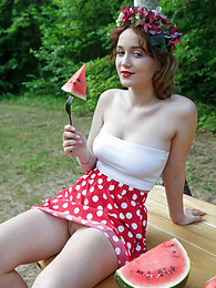 UhEbony presents: Nice belarusian stunner Rokki removes all clothes on a blanket in a backyard