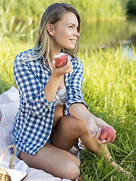 UhEbony presents: Skinny blonde Paulina gets naked on a blanket in a field of wheat